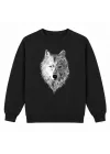 Mezatçı Dayı İki Ton Kurt Baskılı Siyah Uzun Kollu Sweatshirt