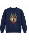 Mezatçı Dayı Renkli Kurt Portre Baskılı Lacivert Uzun Kollu Sweatshirt