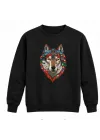 Mezatçı Dayı Renkli Kurt Portre Baskılı Siyah Uzun Kollu Sweatshirt