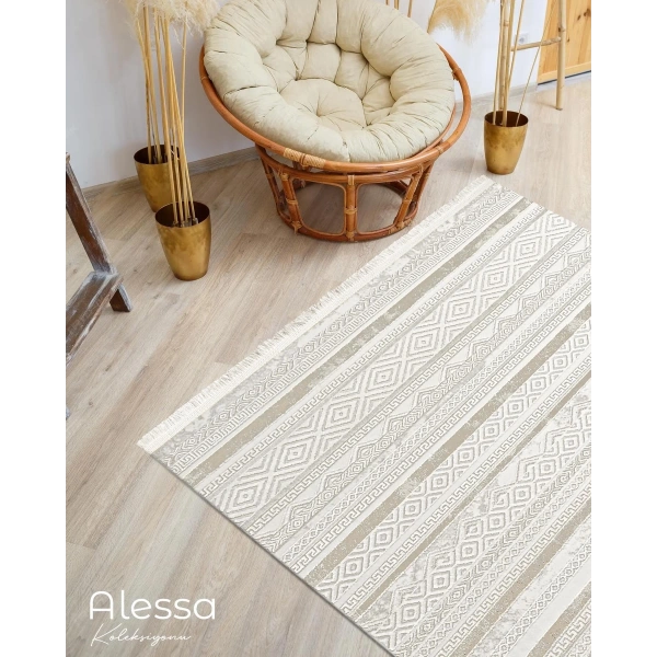 Alesta Koleksiyonu Akrilik Dokuma Saçaklı Halı 3512 Bej