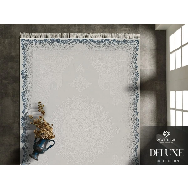 Deluxe Koleksiyonu Viskon Akrilik Dokuma Lüks Saçaklı Halı 6501 Mavi