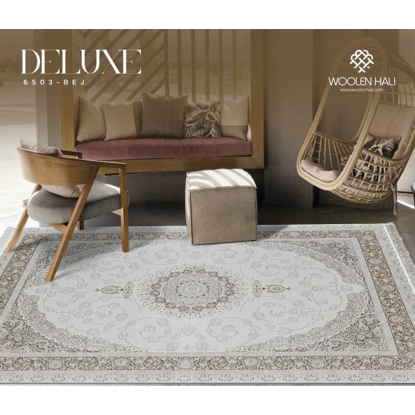 Deluxe Koleksiyonu Viskon Akrilik Dokuma Lüks Saçaklı Halı 6503 Bej