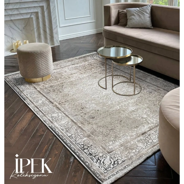 İpek Koleksiyonu 100 Tarak Viskon Akrilik Dokuma Lüks Halı 5003 Gri
