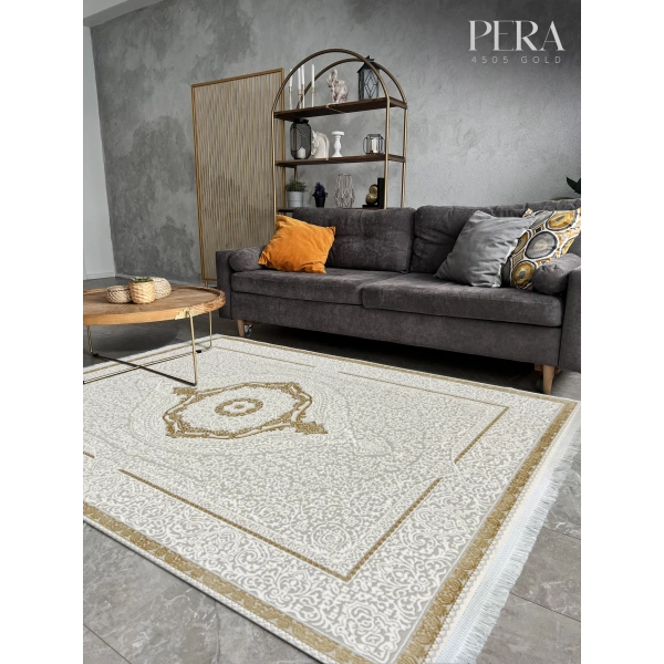 Pera Koleksiyonu %100 Akrilik Dokuma Lüks Saçaklı Halı 4505 Gold