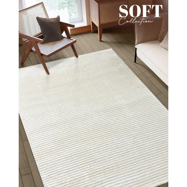 Soft  Koleksiyonu Modern Saçaklı Halı 8303 Krem