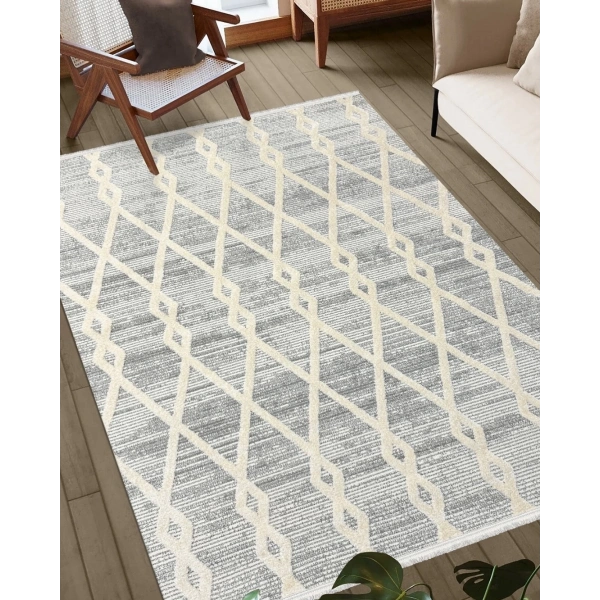 Soft  Koleksiyonu Modern Saçaklı Halı 8305 Gri
