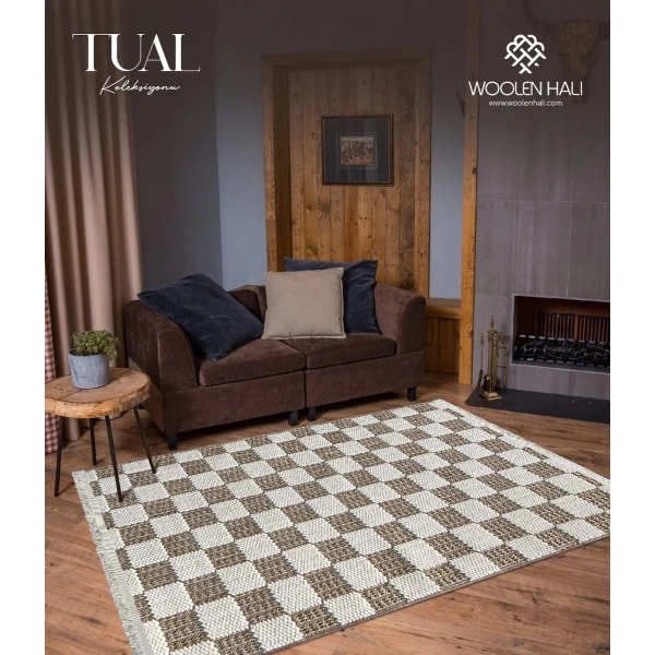 Tual Koleksiyonu Modern Saçaklı Halı 8408 Kahve