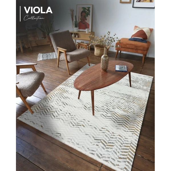Viola Koleksiyonu Akrilik Dokuma Saçaklı Halı 3408 Gold