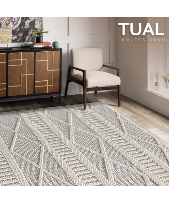 Tual Koleksiyonu Modern Saçaklı Halı 8404 Krem