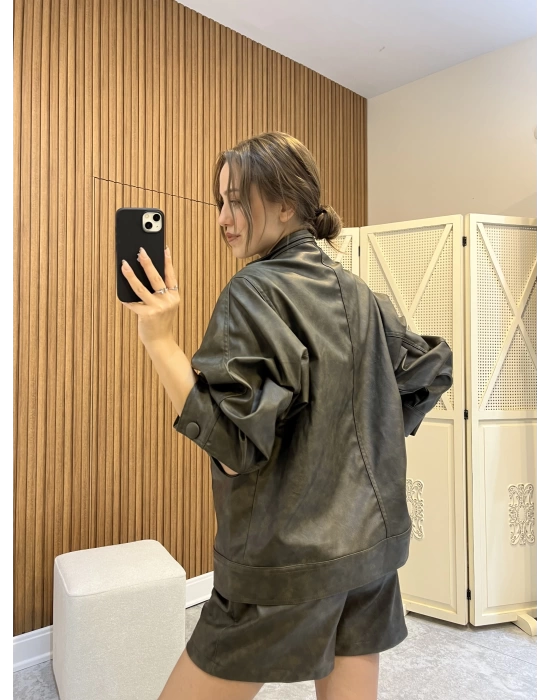 Haki Oversize Deri Ceket