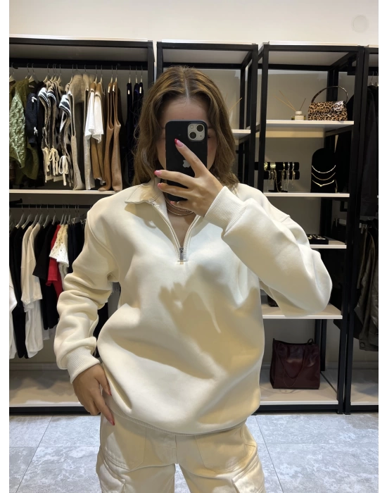 Erkek Fermuarlı Sweat Bej