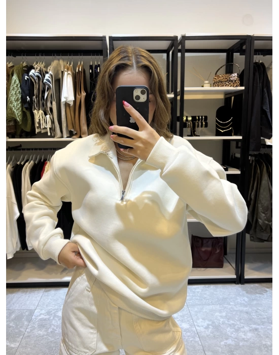 Erkek Fermuarlı Sweat Bej