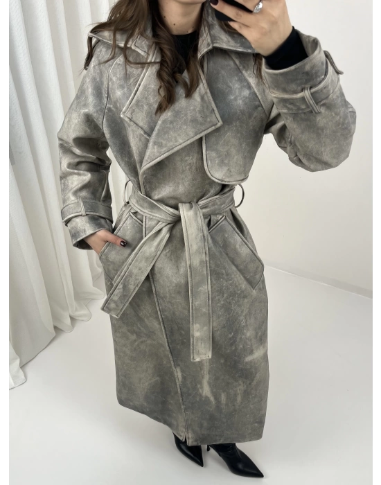 Premium Yıkamalı Deri Trench Kaban