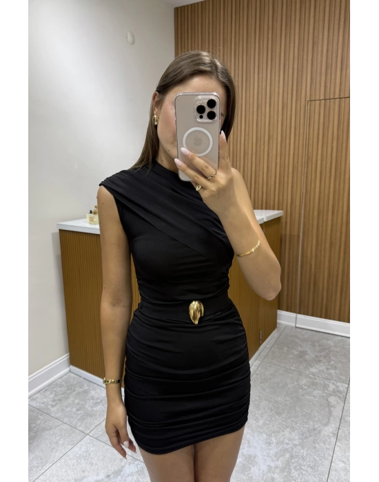Drapeli Gold Detaylı Siyah Elbise