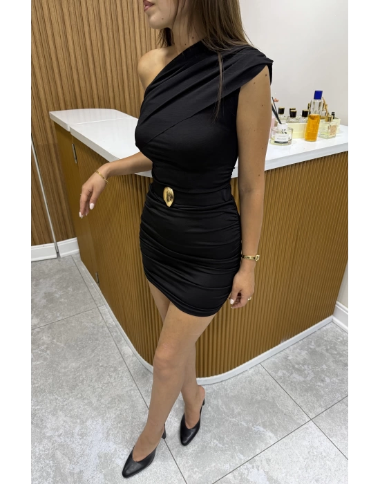 Drapeli Gold Detaylı Siyah Elbise