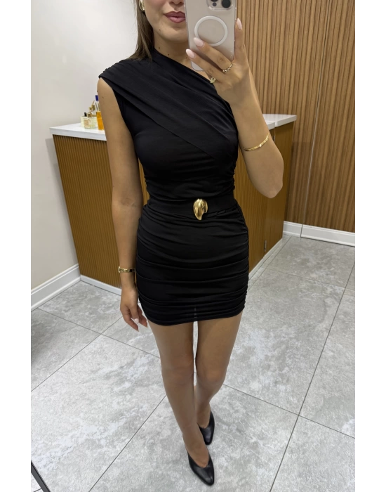 Drapeli Gold Detaylı Siyah Elbise
