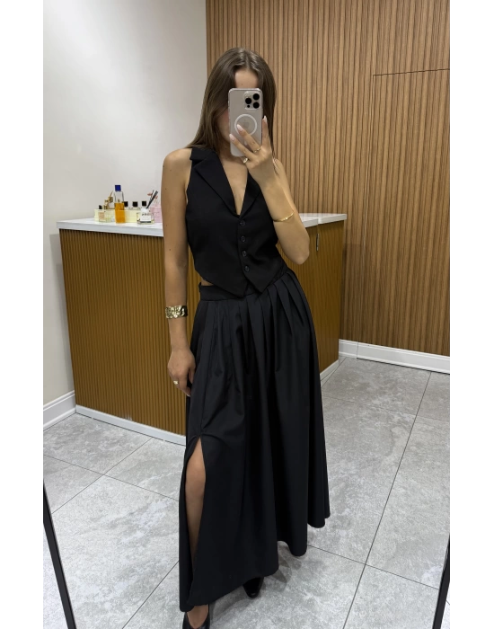 Paraşüt Kumaş Yırtmaçlı Siyah Etek