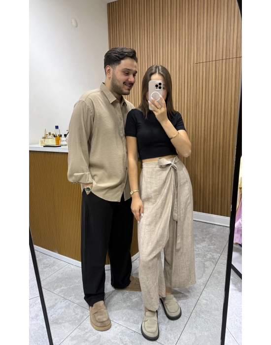 Yıkanmış  Keten Baggy Siyah Pantolon