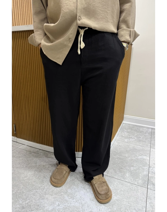 Yıkanmış  Keten Baggy Siyah Pantolon