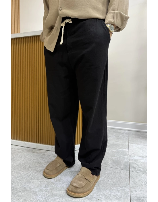 Yıkanmış  Keten Baggy Siyah Pantolon
