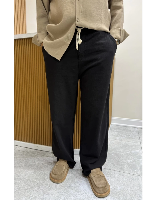 Yıkanmış  Keten Baggy Siyah Pantolon