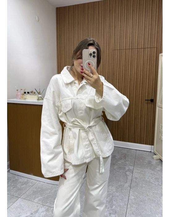 Bel Kuşaklı Denim Ceket Bej