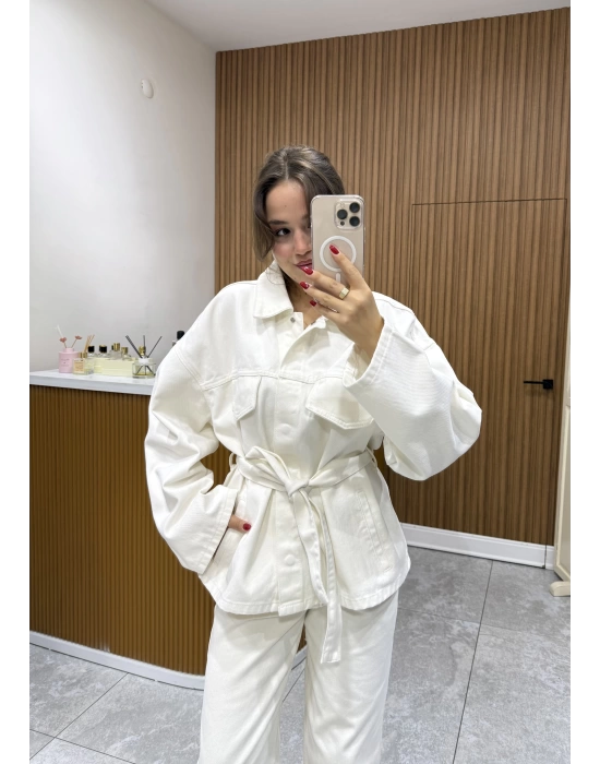 Bel Kuşaklı Denim Ceket Bej