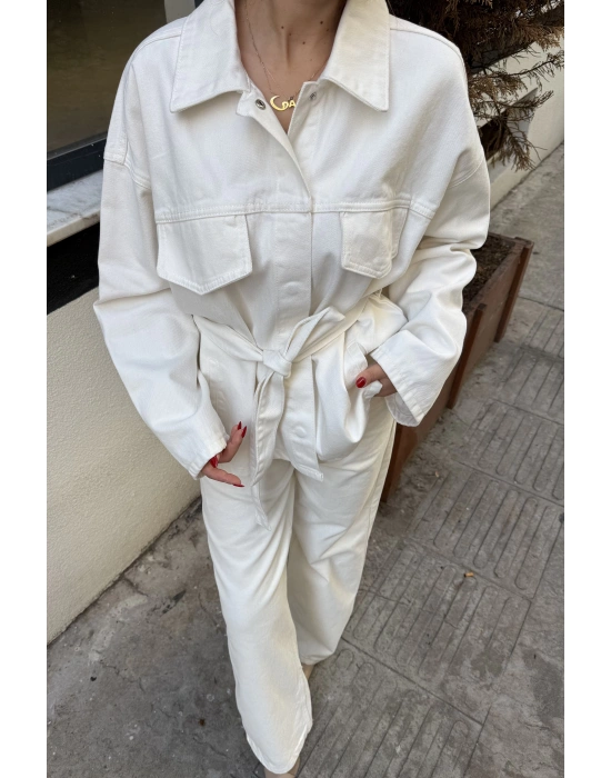 Bel Kuşaklı Denim Ceket Bej
