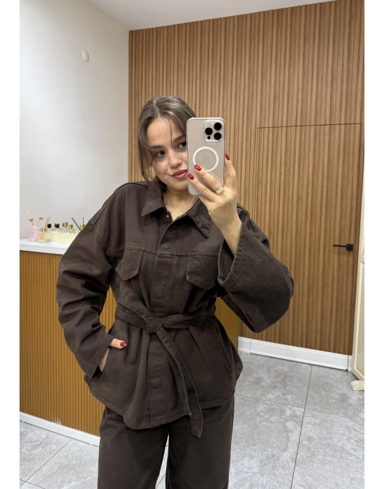 Bel Kuşaklı Denim Ceket Kahve