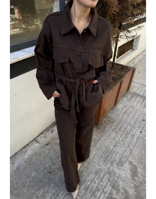 Bel Kuşaklı Denim Ceket Kahve