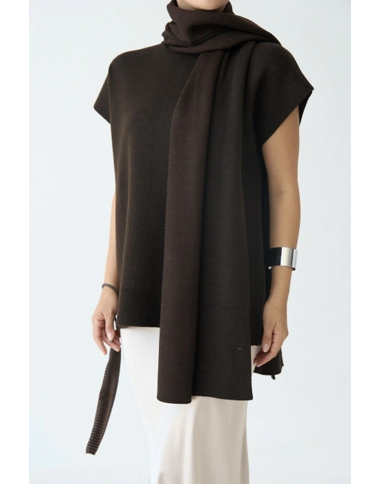 Kısa Kollu Şallı Kazak Kahve