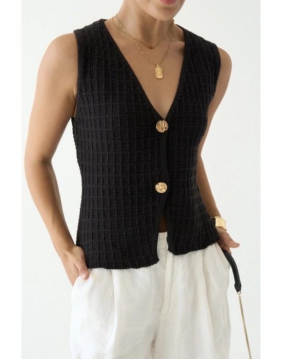 İki Düğmeli Siyah Yelek