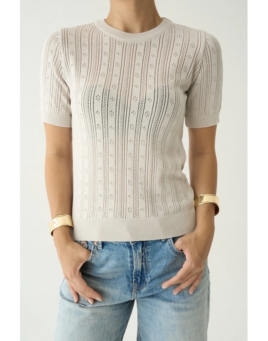 Ajurlu Yarım Kol Triko Vizon