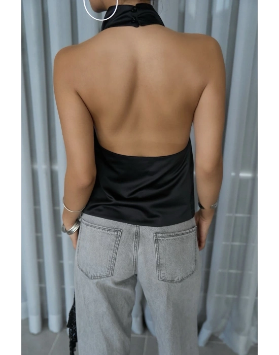 Degaje Yaka Sırtı Açık Saten Bluz Siyah