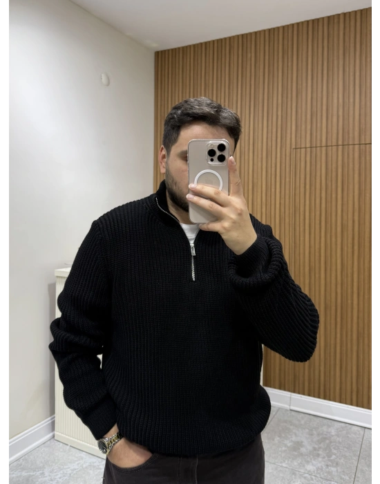Yarım Fermuarlı Triko Siyah