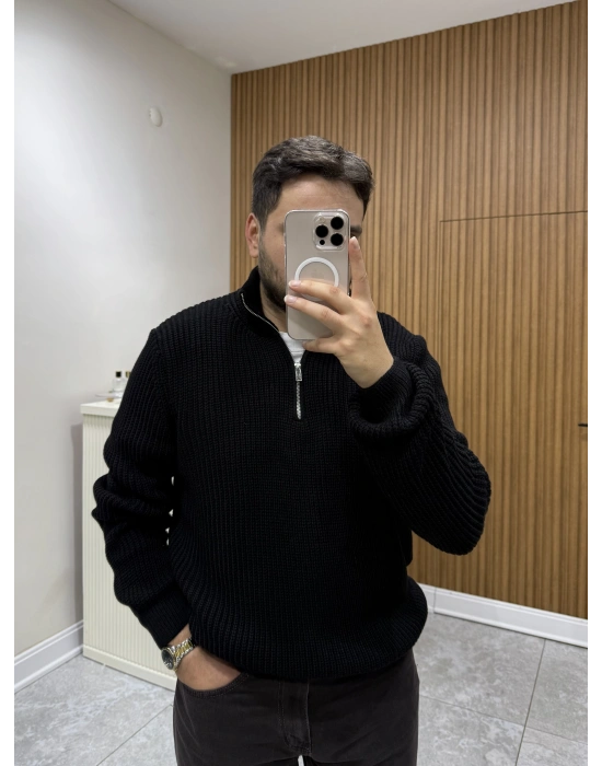 Yarım Fermuarlı Triko Siyah