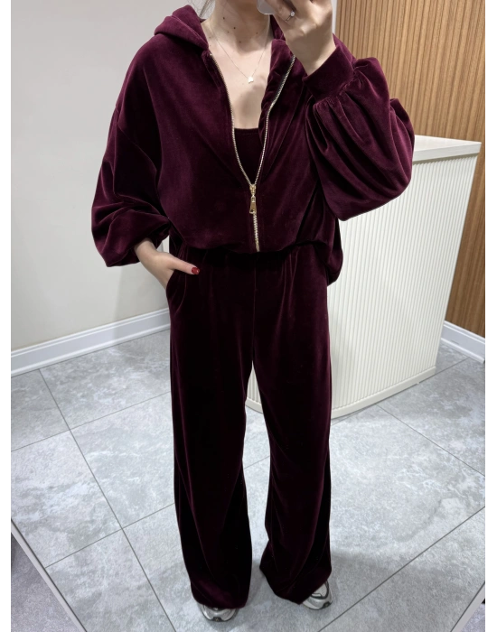 Kadife Üçlü Takım Bordo