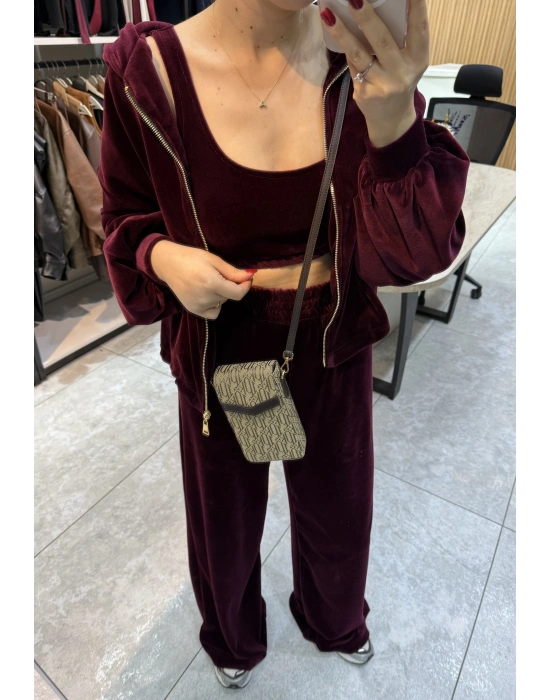 Kadife Üçlü Takım Bordo