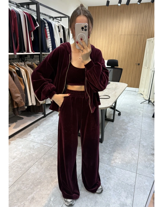 Kadife Üçlü Takım Bordo