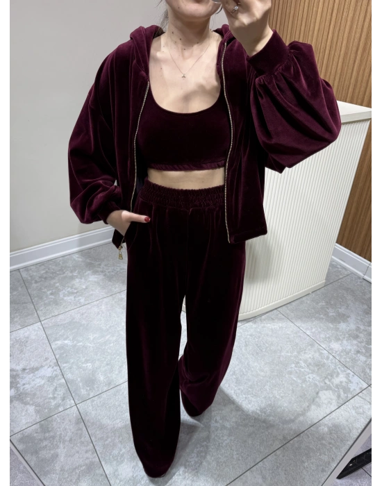 Kadife Üçlü Takım Bordo