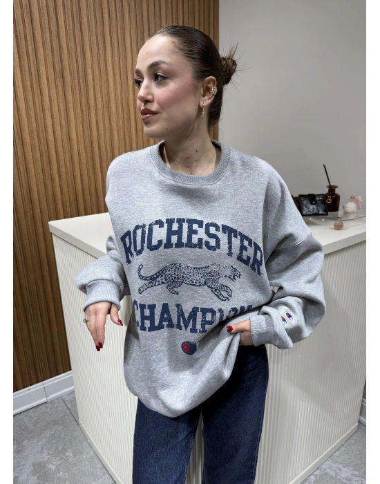 Gri Yazı Ve Hayvan Figürlü Sweat