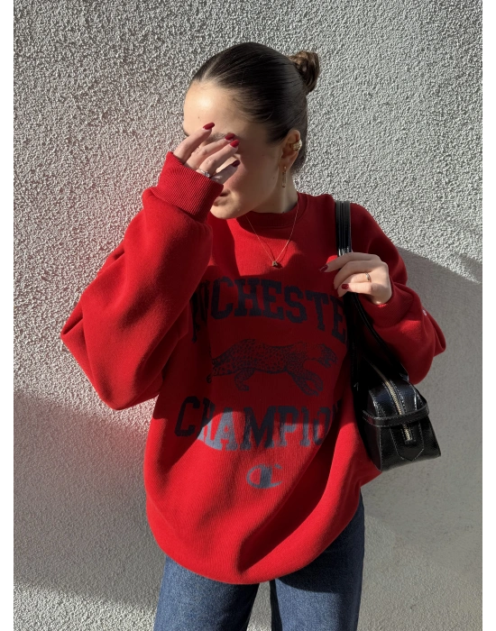 Kırmızı Yazı Ve Hayvan Figürlü Sweat