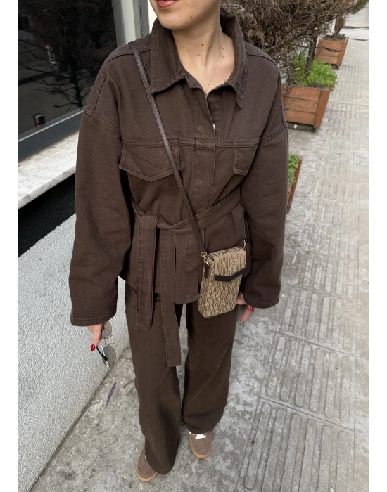 Beli Kuşaklı Ceket Pantolon Kahve Takım