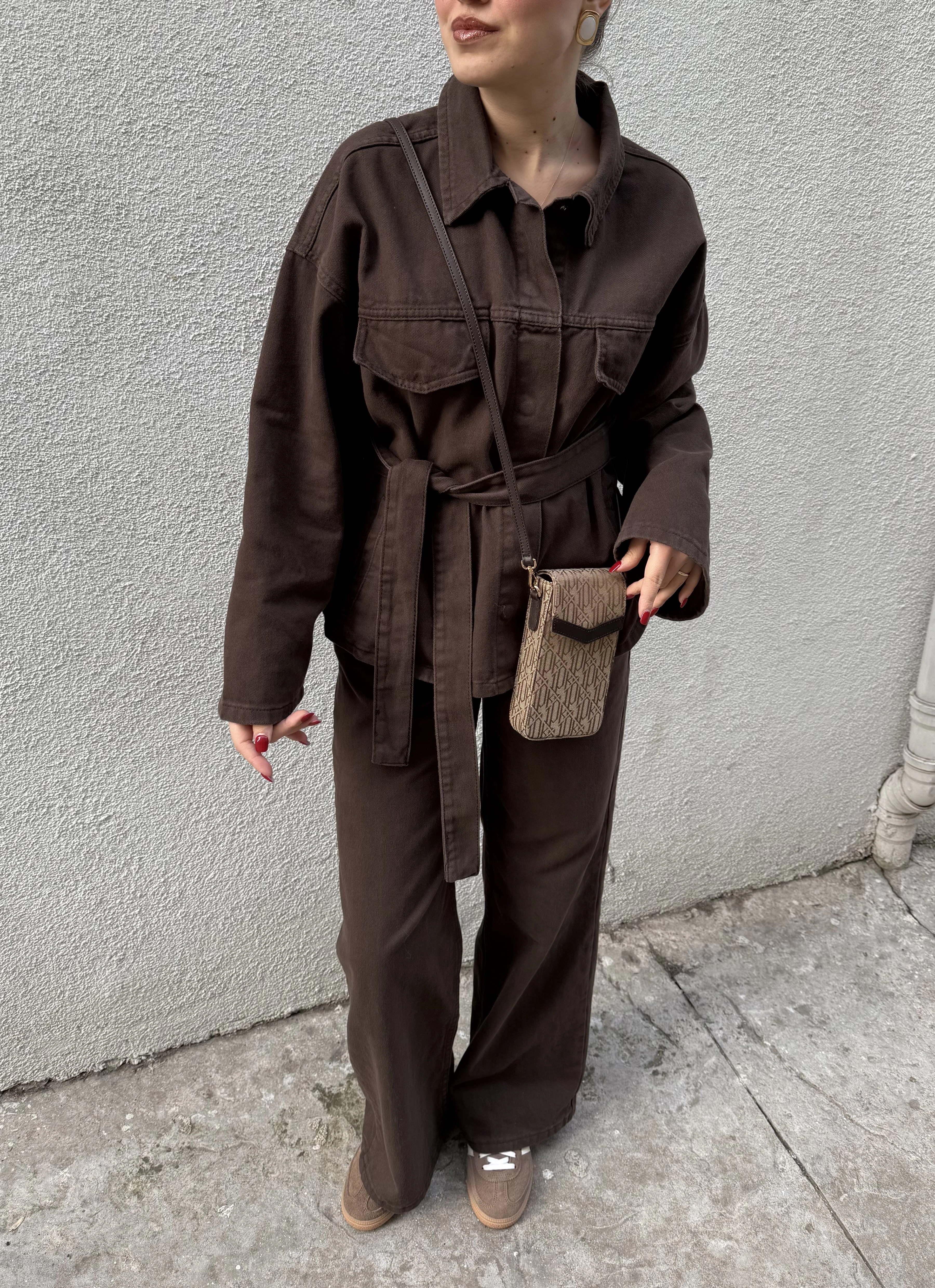 Beli Kuşaklı Ceket Pantolon Kahve Takım