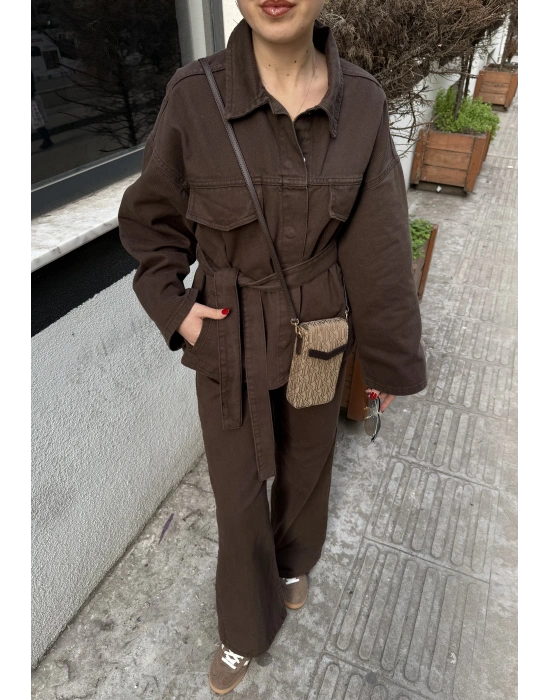 Beli Kuşaklı Ceket Pantolon Kahve Takım