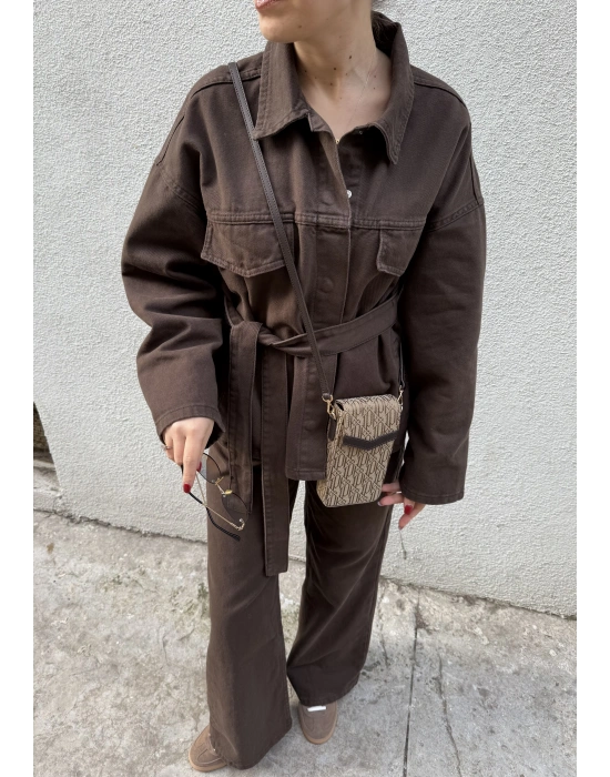 Beli Kuşaklı Ceket Pantolon Kahve Takım