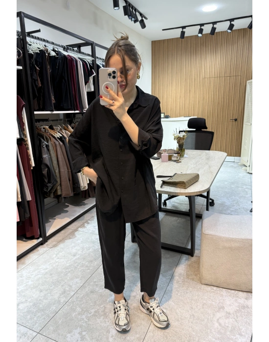 Tensel Gömlek Havuç Pantolon Takım Siyah