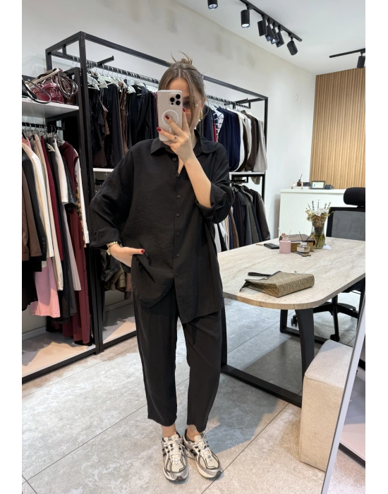 Tensel Gömlek Havuç Pantolon Takım Siyah