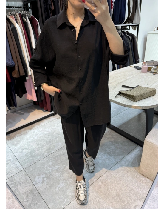 Tensel Gömlek Havuç Pantolon Takım Siyah