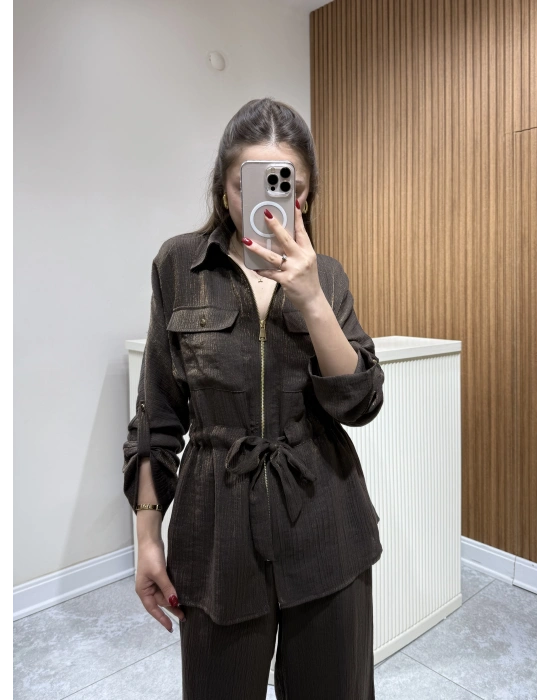 Kendinden Simli Ceket Pantolon Takım Kahve